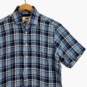 JOSEPH ABBOUD 100% Linen Short Sleeve Plaid Shirt Mens Large L Tall Blue‎